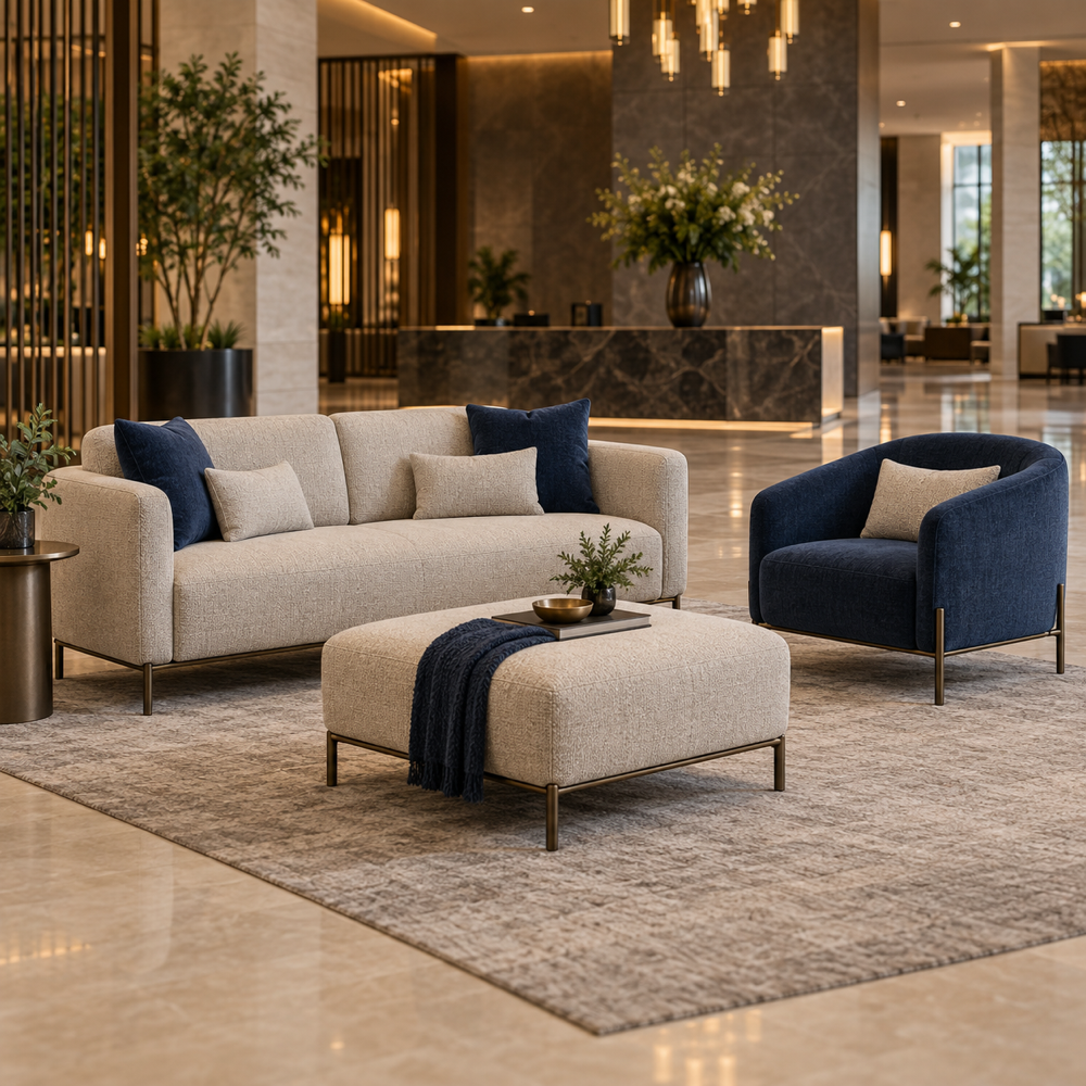 Concepto ilustrativo generado por IA, no es fotografía del producto del fabricante. Conjunto genérico coordinado de sofá, sillón y otomana para un lobby de hotel.