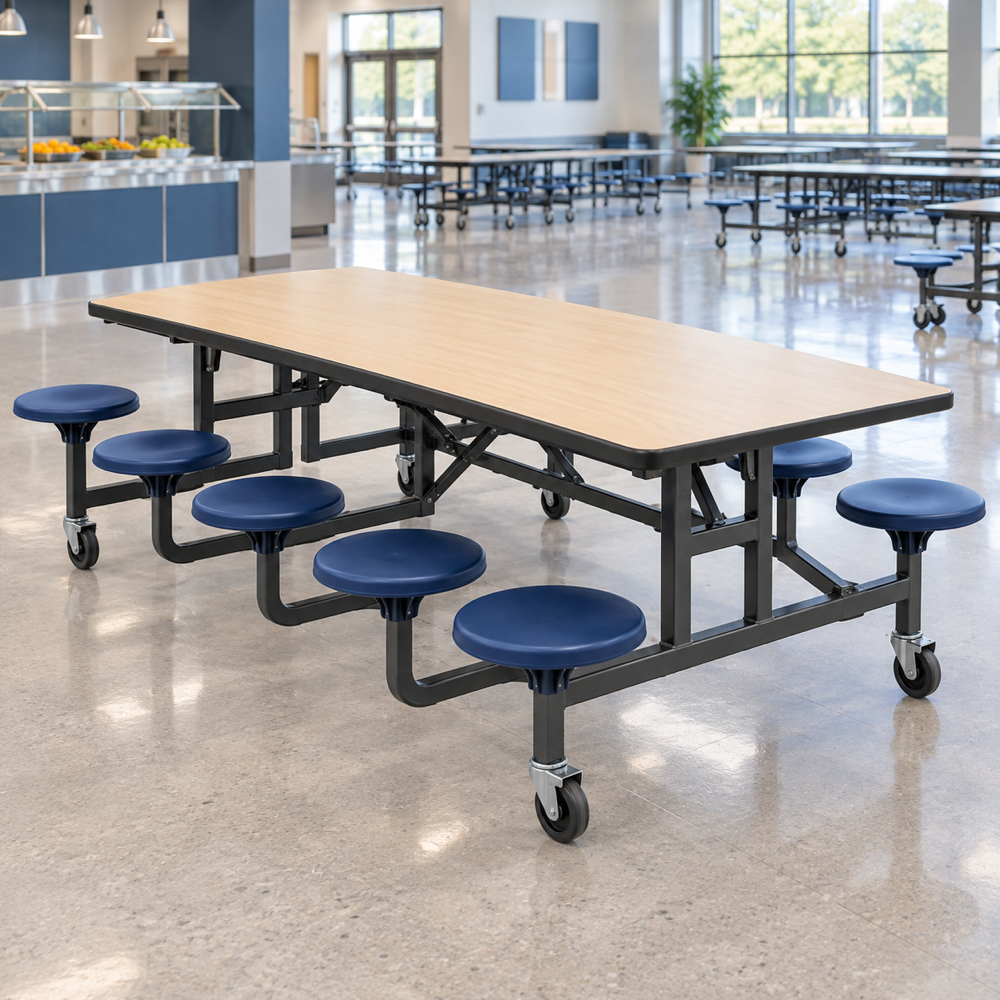 Illustrative AI concept, not manufacturer product photography. Generic mobile folding cafeteria table with attached blue round stools.