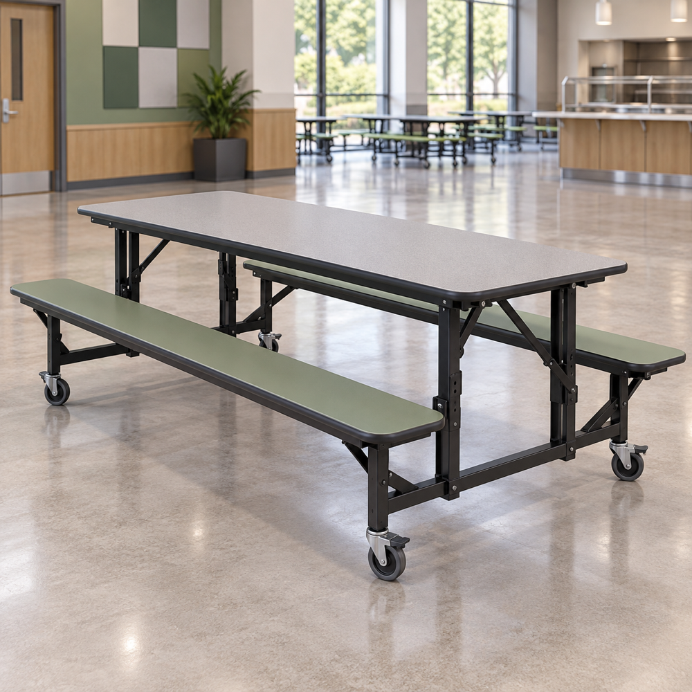 Illustrative AI concept, not manufacturer product photography. Generic mobile cafeteria table with two attached green benches and folding frame.