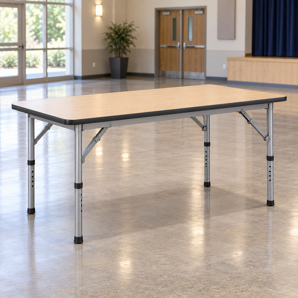 Illustrative AI concept, not manufacturer product photography. Generic adjustable-height commercial folding table with birch-look top and silver frame.