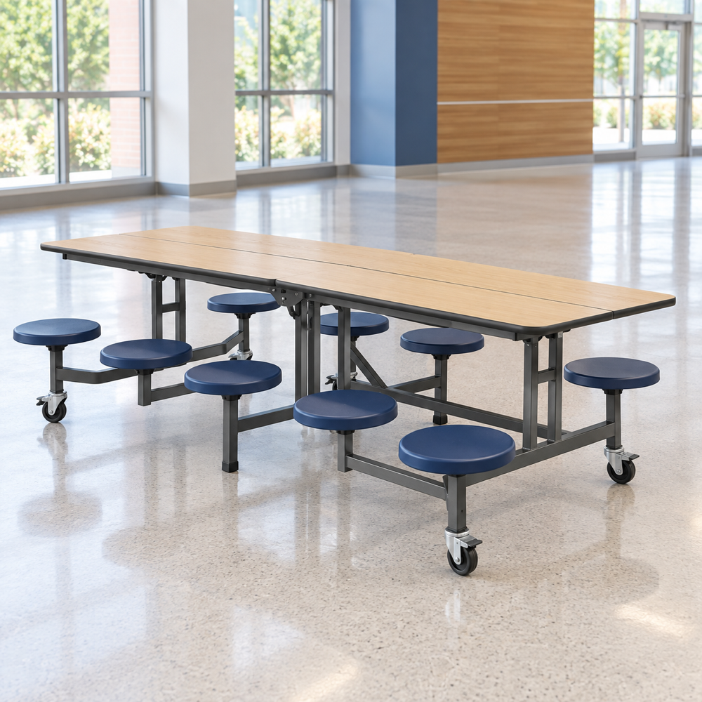 Illustrative AI concept, not manufacturer product photography. Generic mobile folding cafeteria table with integrated blue seating and center-fold top.
