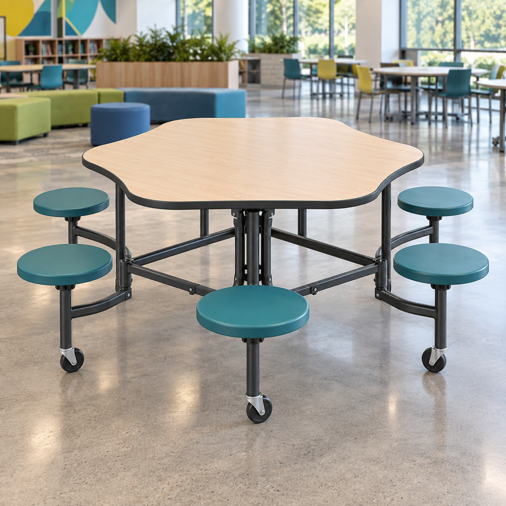 Illustrative AI concept, not manufacturer product photography. Generic shaped mobile cafeteria table with teal attached seats in a modern learning commons.