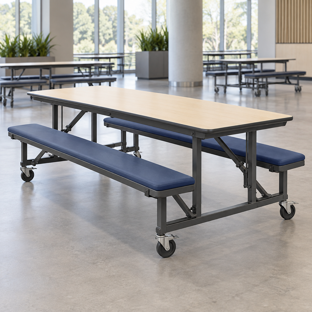 Illustrative AI concept, not manufacturer product photography. Unbranded convertible cafeteria bench and table unit with casters.