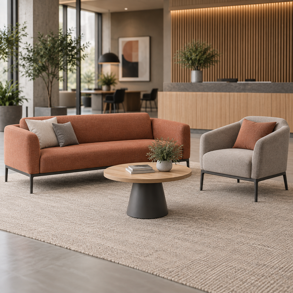 Concepto ilustrativo generado con IA, no es fotografía del producto del fabricante. Familia modular de lounge comercial sin marca, con sofá, sillón y mesa.