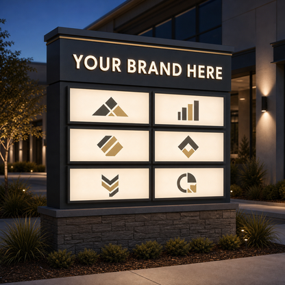 Conceptual rendering of an illuminated multi-tenant monument sign displaying YOUR BRAND HERE.