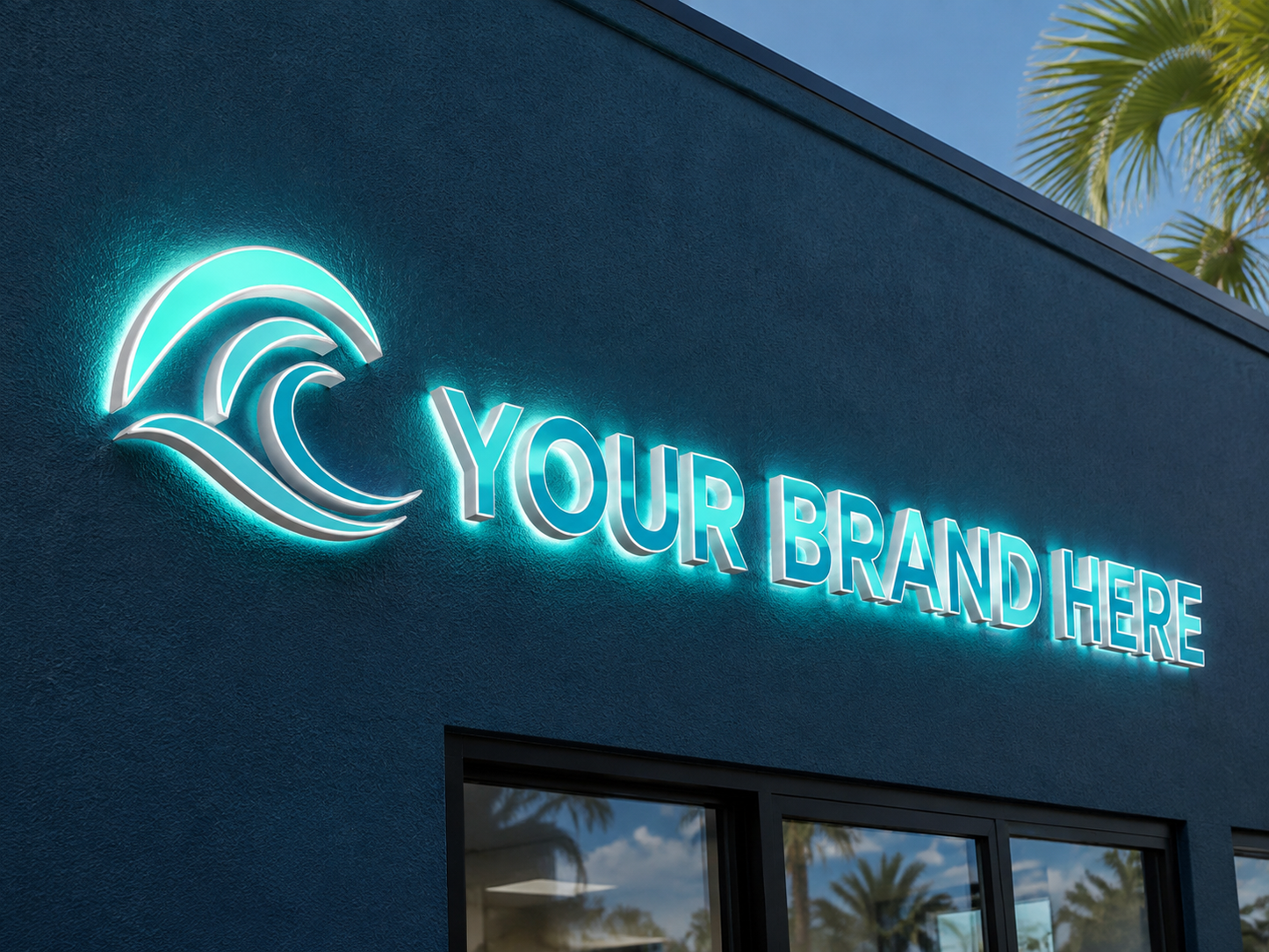 Conceptual Miami Ocean rendering of halo-lit channel letters and logo displaying YOUR BRAND HERE.