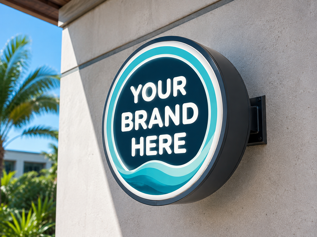 Conceptual Miami Ocean rendering of round exterior logo cabinet sign displaying YOUR BRAND HERE.