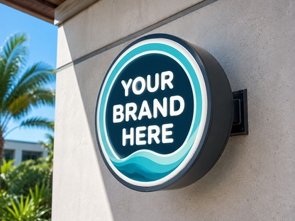 Conceptual Miami Ocean rendering of round exterior logo cabinet sign displaying YOUR BRAND HERE.