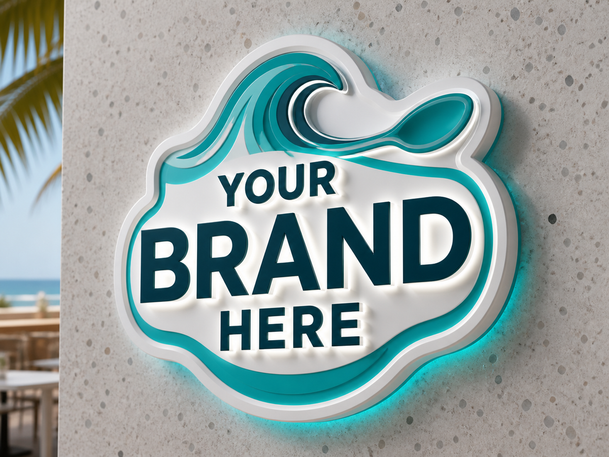 Conceptual Miami Ocean rendering of illuminated custom logo sign displaying YOUR BRAND HERE.