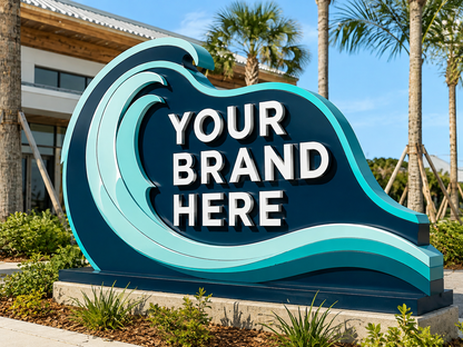 Conceptual Miami Ocean rendering of custom-shaped monument sign displaying YOUR BRAND HERE.