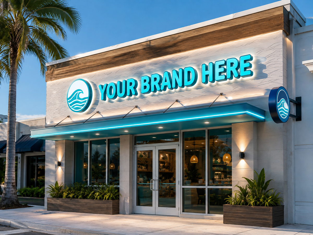 Conceptual Miami Ocean rendering of custom illuminated storefront sign package displaying YOUR BRAND HERE.