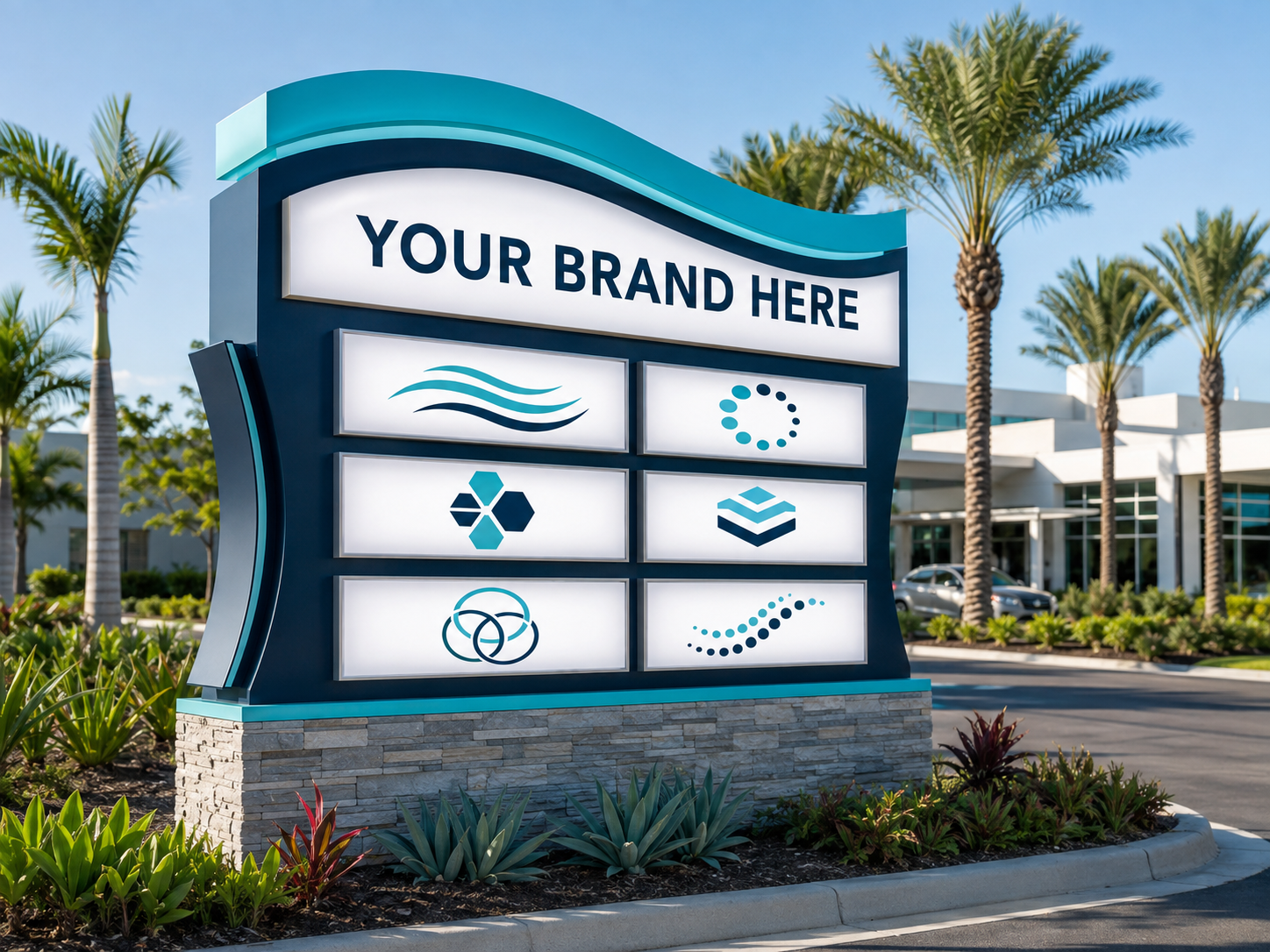 Conceptual Miami Ocean rendering of illuminated multi-tenant monument sign displaying YOUR BRAND HERE.