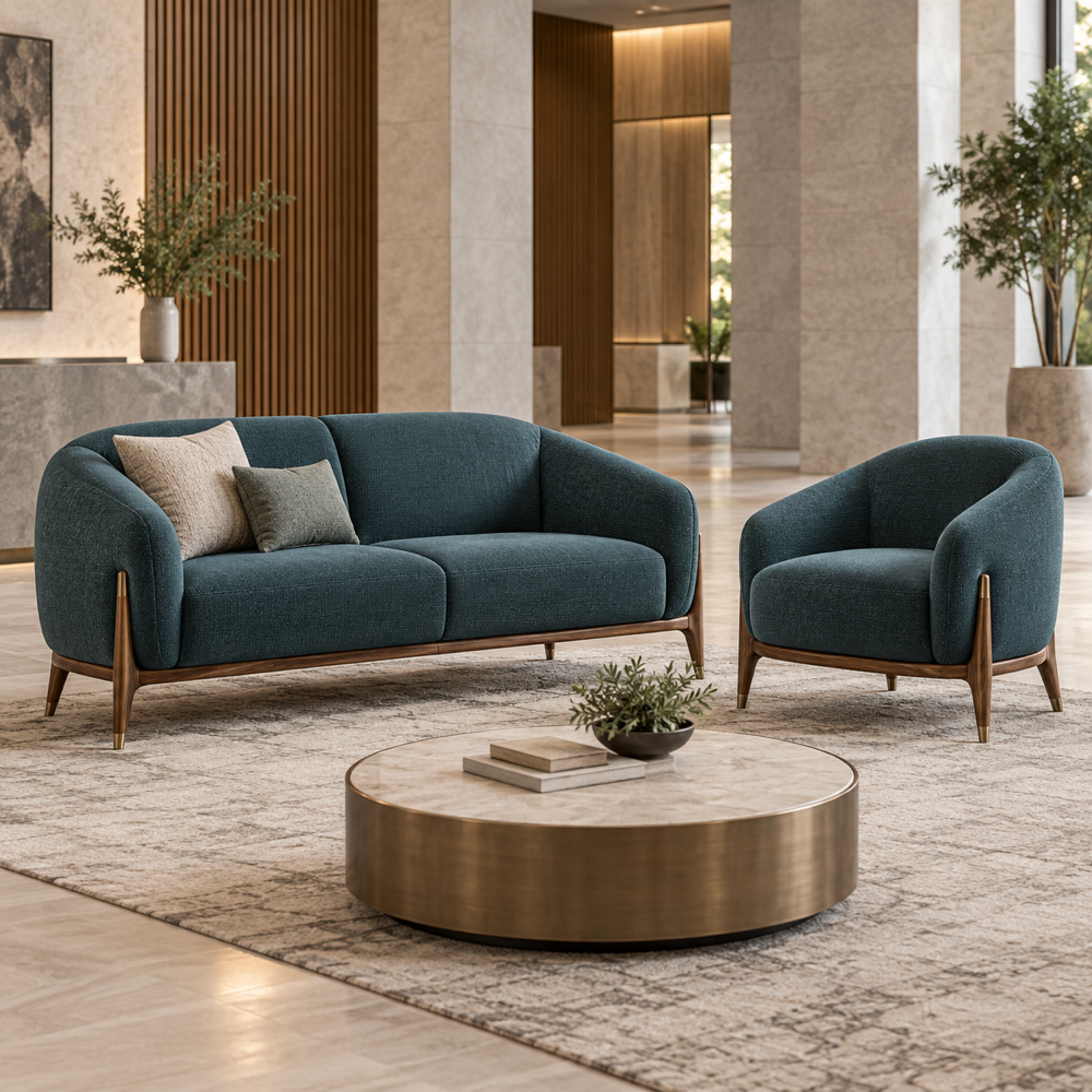 Concepto ilustrativo generado con IA, no es fotografía del producto del fabricante. Sofá y sillón coordinado de lounge comercial, sin marca, en un lobby.