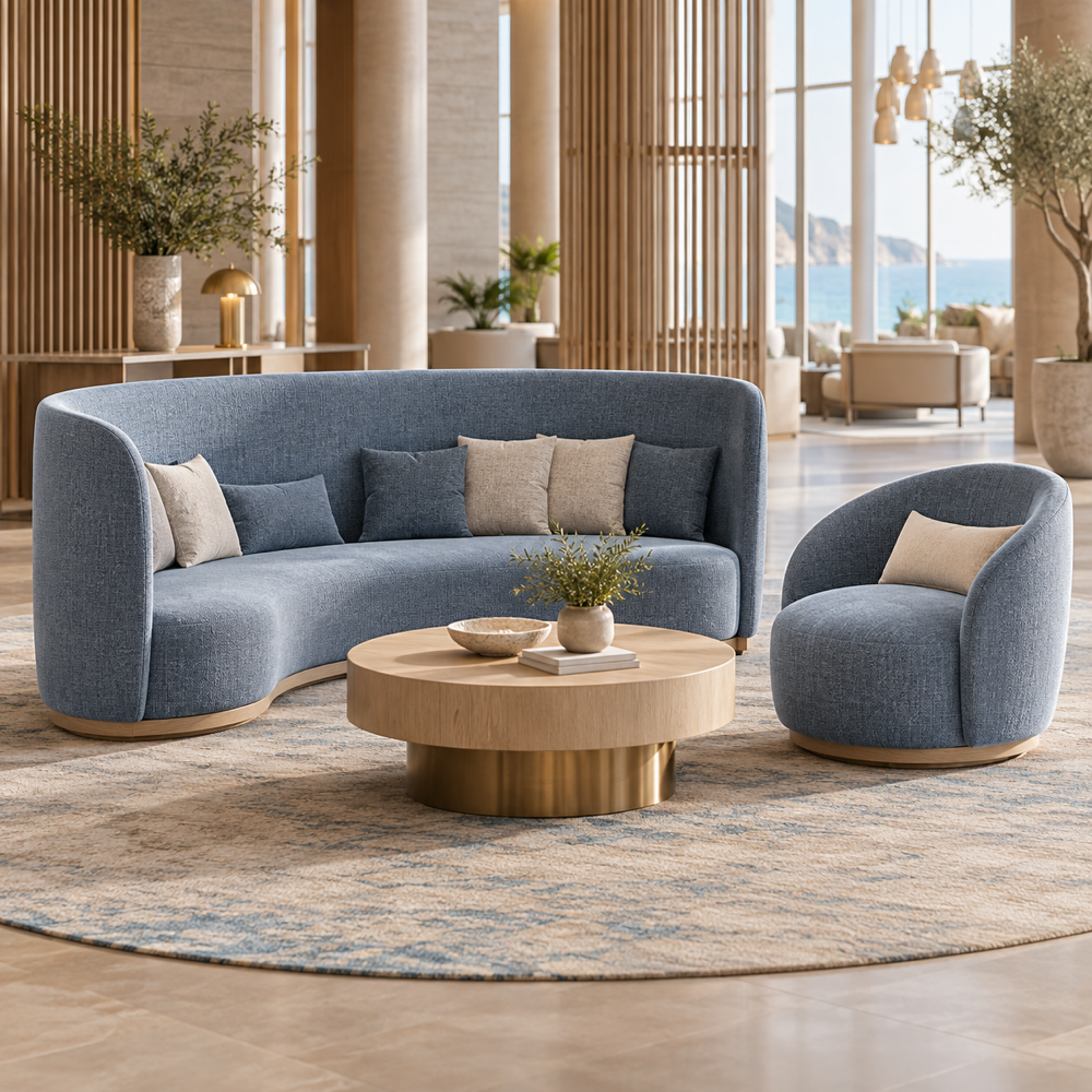 Concepto ilustrativo generado con IA, no es fotografía del producto del fabricante. Sofá curvo de respaldo alto y sillón redondeado de hospitalidad, sin marca.