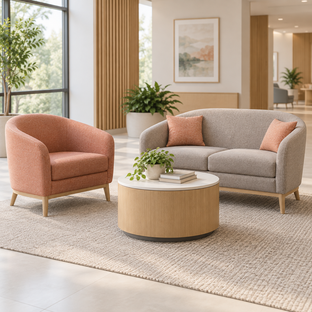 Concepto ilustrativo generado con IA, no es fotografía del producto del fabricante. Sillón redondeado, sofá compacto y mesa auxiliar sin marca.