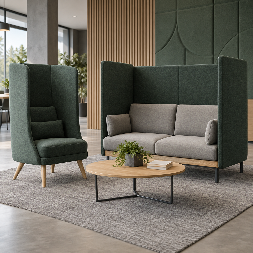 Concepto ilustrativo generado con IA, no es fotografía del producto del fabricante. Sillón de privacidad de respaldo alto y módulo acústico para dos, sin marca.