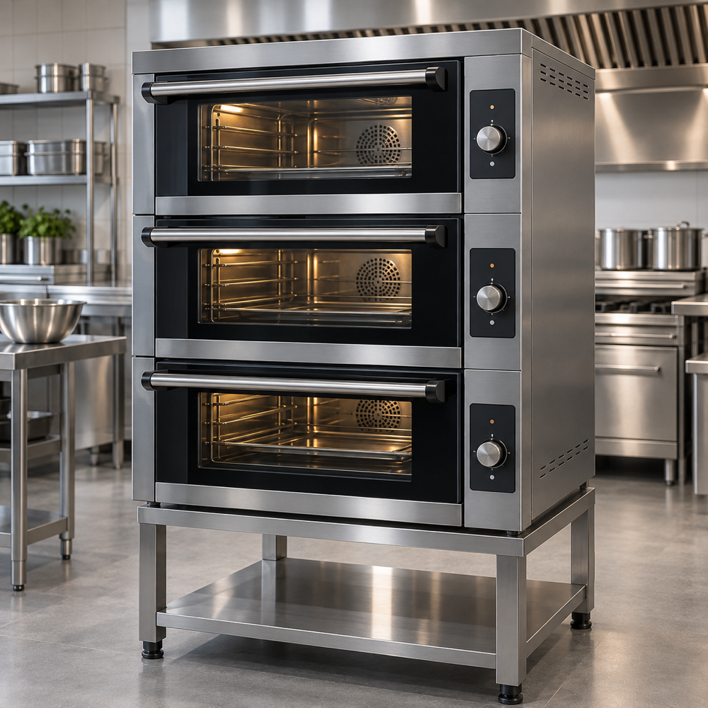 Illustrative AI concept, not manufacturer product photography. Unbranded three-chamber commercial multi-cook combi oven.