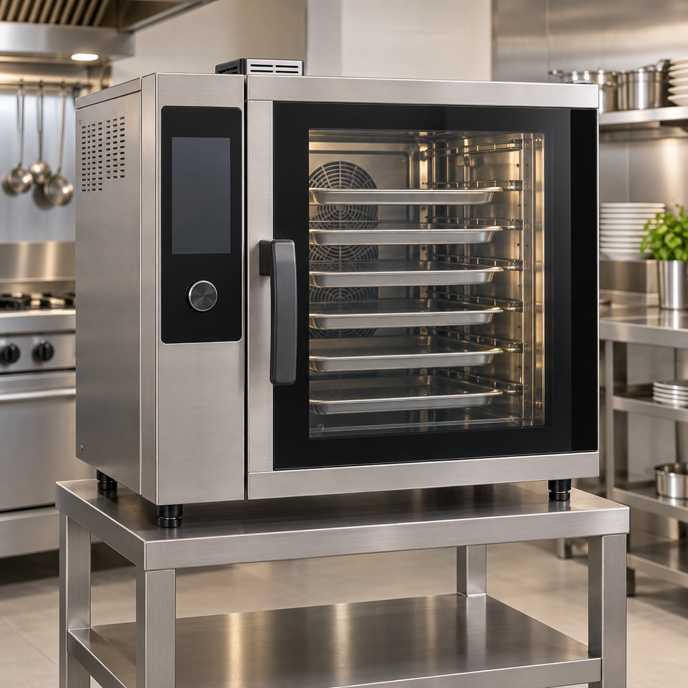 Illustrative AI concept, not manufacturer product photography. Unbranded compact countertop professional combi oven on a stainless stand.