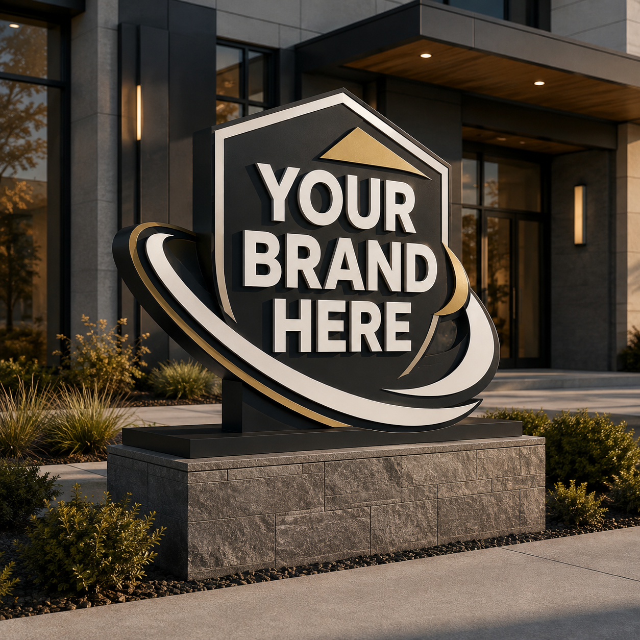 Conceptual rendering of a custom-shaped monument sign displaying YOUR BRAND HERE.