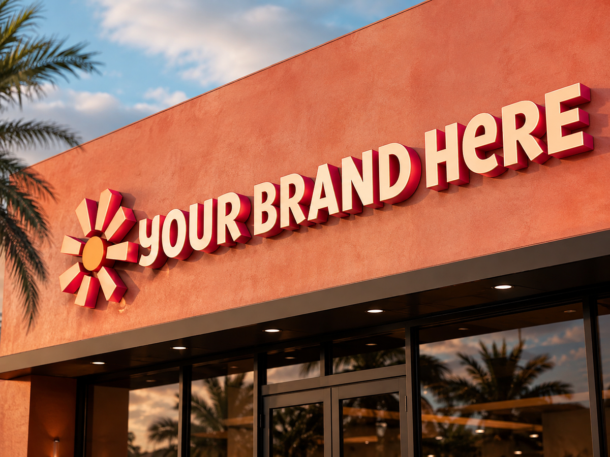 Conceptual Sunset Coral rendering of custom storefront channel letters displaying YOUR BRAND HERE.