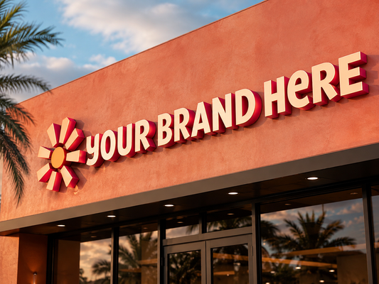 Conceptual Sunset Coral rendering of custom storefront channel letters displaying YOUR BRAND HERE.