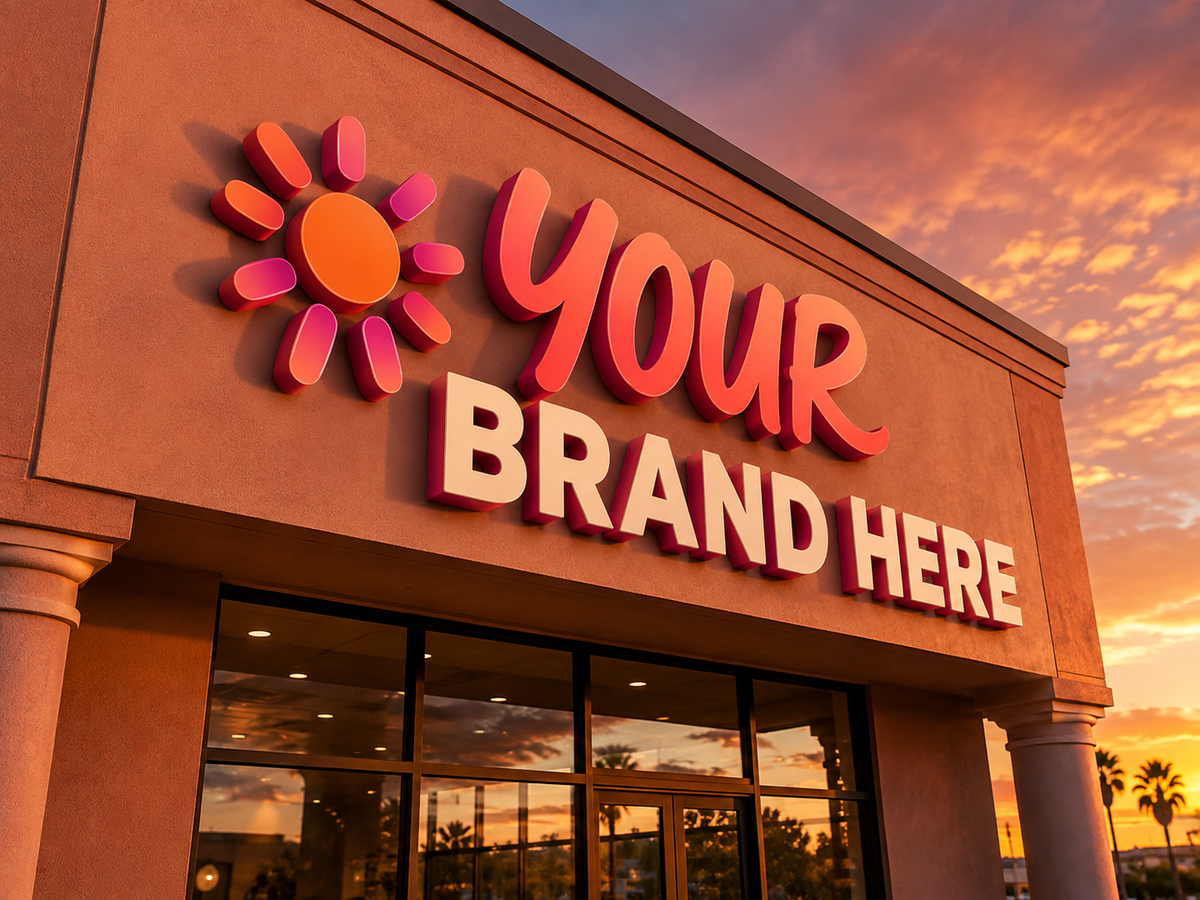 Conceptual Sunset Coral rendering of dimensional storefront letters and installation displaying YOUR BRAND HERE.