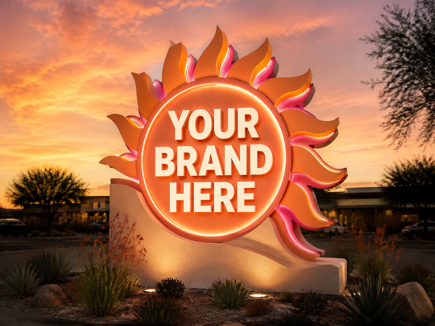 Conceptual Sunset Coral rendering of custom-shaped monument sign displaying YOUR BRAND HERE.
