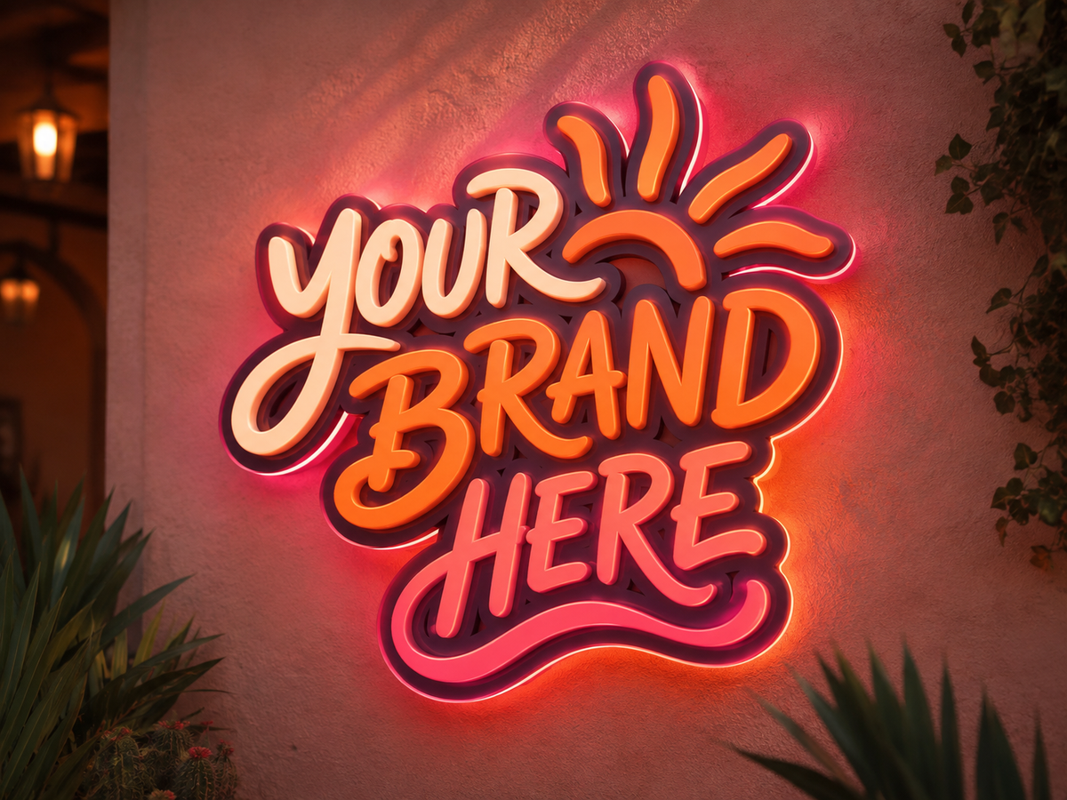 Conceptual Sunset Coral rendering of illuminated custom logo sign displaying YOUR BRAND HERE.