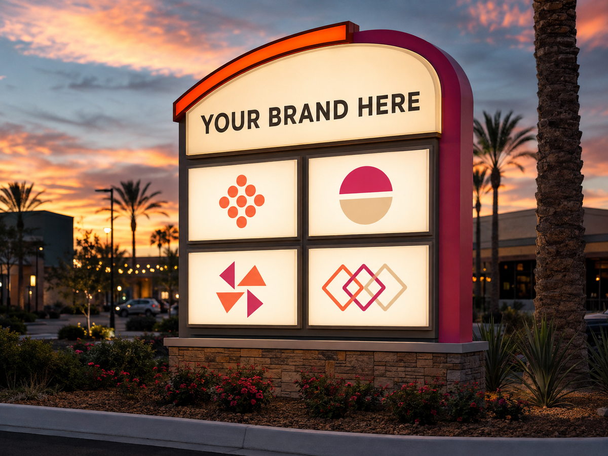 Conceptual Sunset Coral rendering of illuminated multi-tenant monument sign displaying YOUR BRAND HERE.