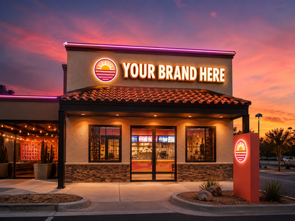 Conceptual Sunset Coral rendering of custom illuminated storefront sign package displaying YOUR BRAND HERE.