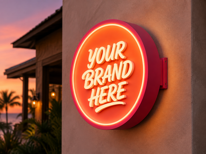 Conceptual Sunset Coral rendering of round exterior logo cabinet sign displaying YOUR BRAND HERE.