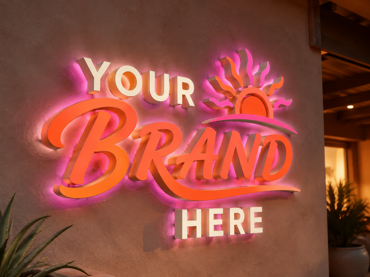 Conceptual Sunset Coral rendering of halo-lit channel letters and logo displaying YOUR BRAND HERE.