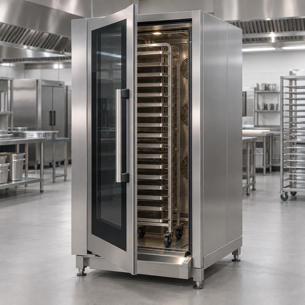 Illustrative AI concept, not manufacturer product photography. Unbranded full-height roll-in professional combi oven.