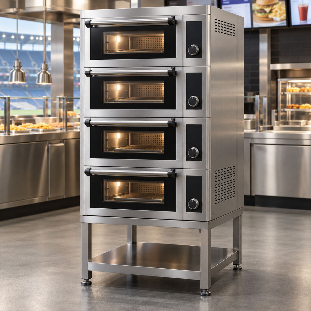 Illustrative AI concept, not manufacturer product photography. Unbranded four-cavity ventless commercial multi-cook oven.