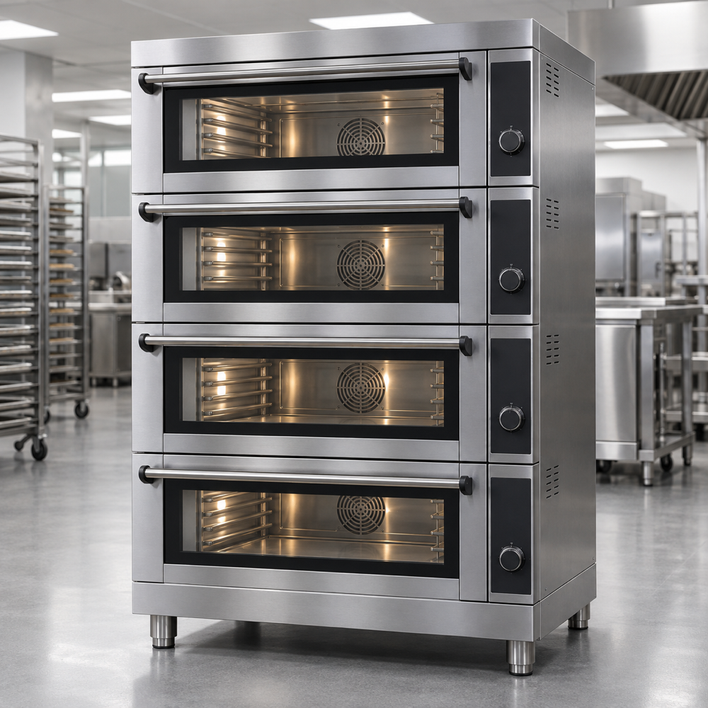 Illustrative AI concept, not manufacturer product photography. Unbranded four-deck commercial multi-cook convection oven.