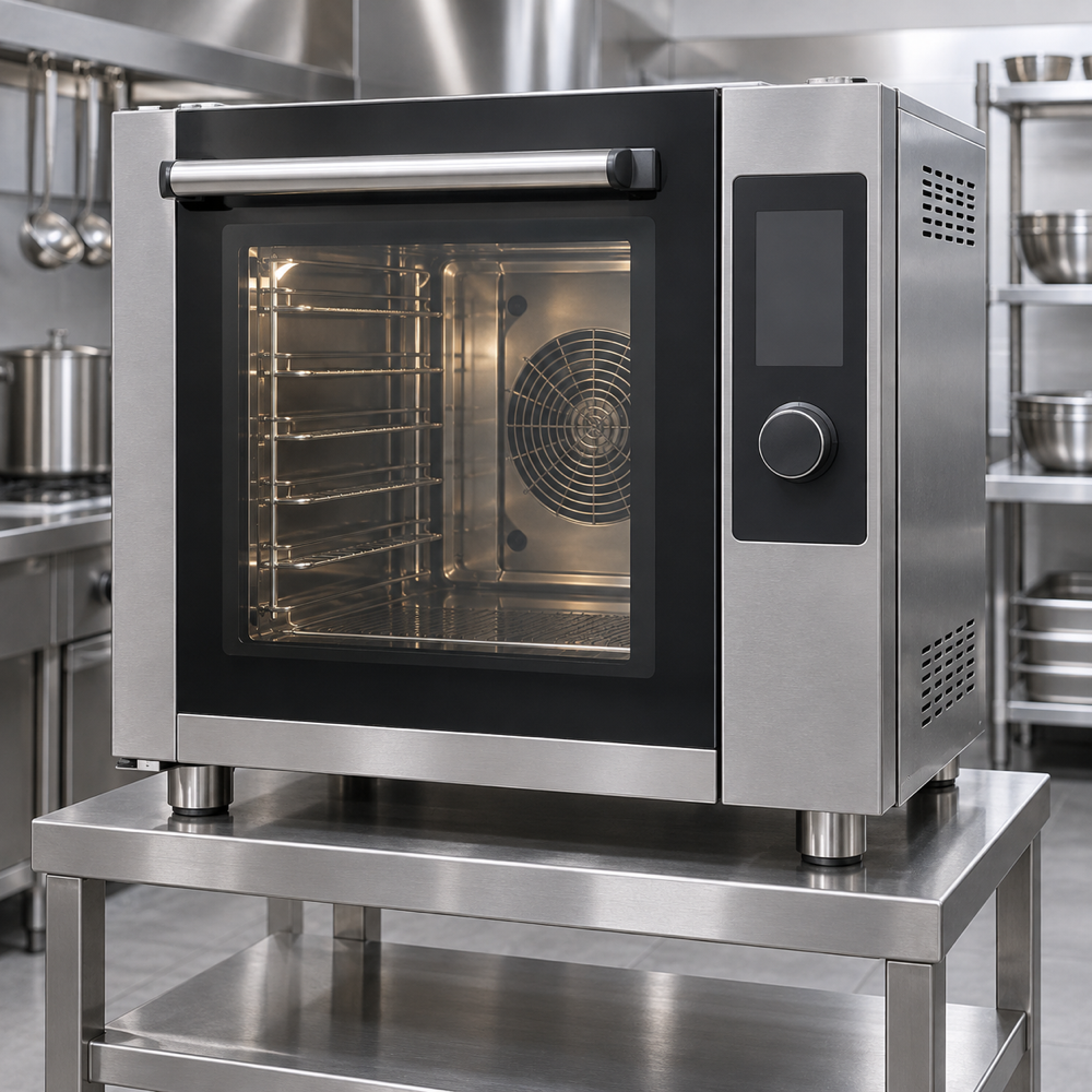 Illustrative AI concept, not manufacturer product photography. Unbranded compact professional countertop combi oven.