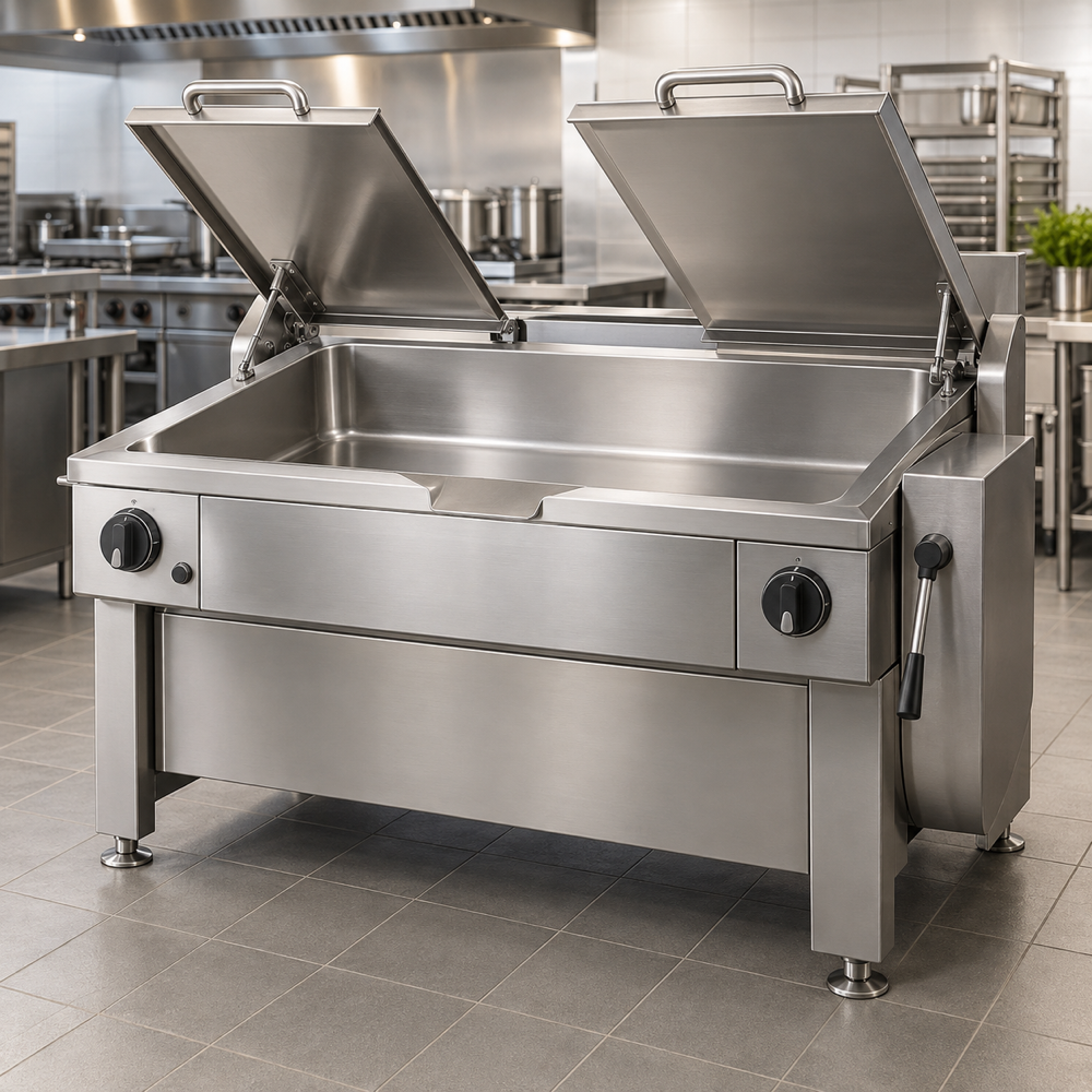 Illustrative AI concept, not manufacturer product photography. Unbranded multifunction commercial tilting cooking pan with split lids.