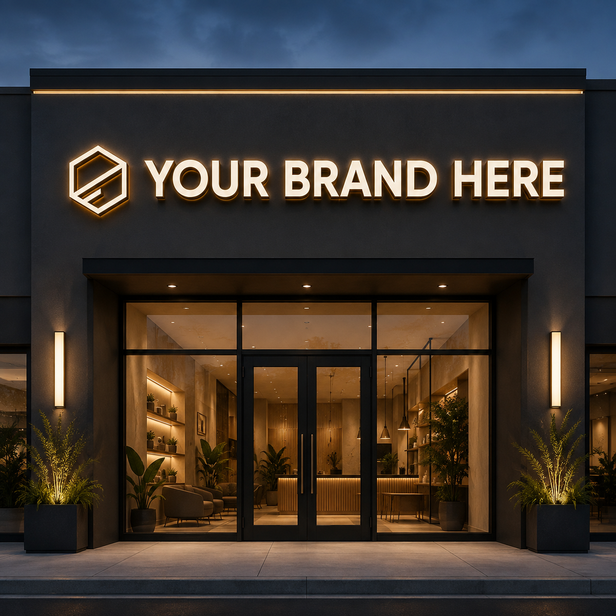 Conceptual rendering of a custom illuminated storefront sign package displaying YOUR BRAND HERE.