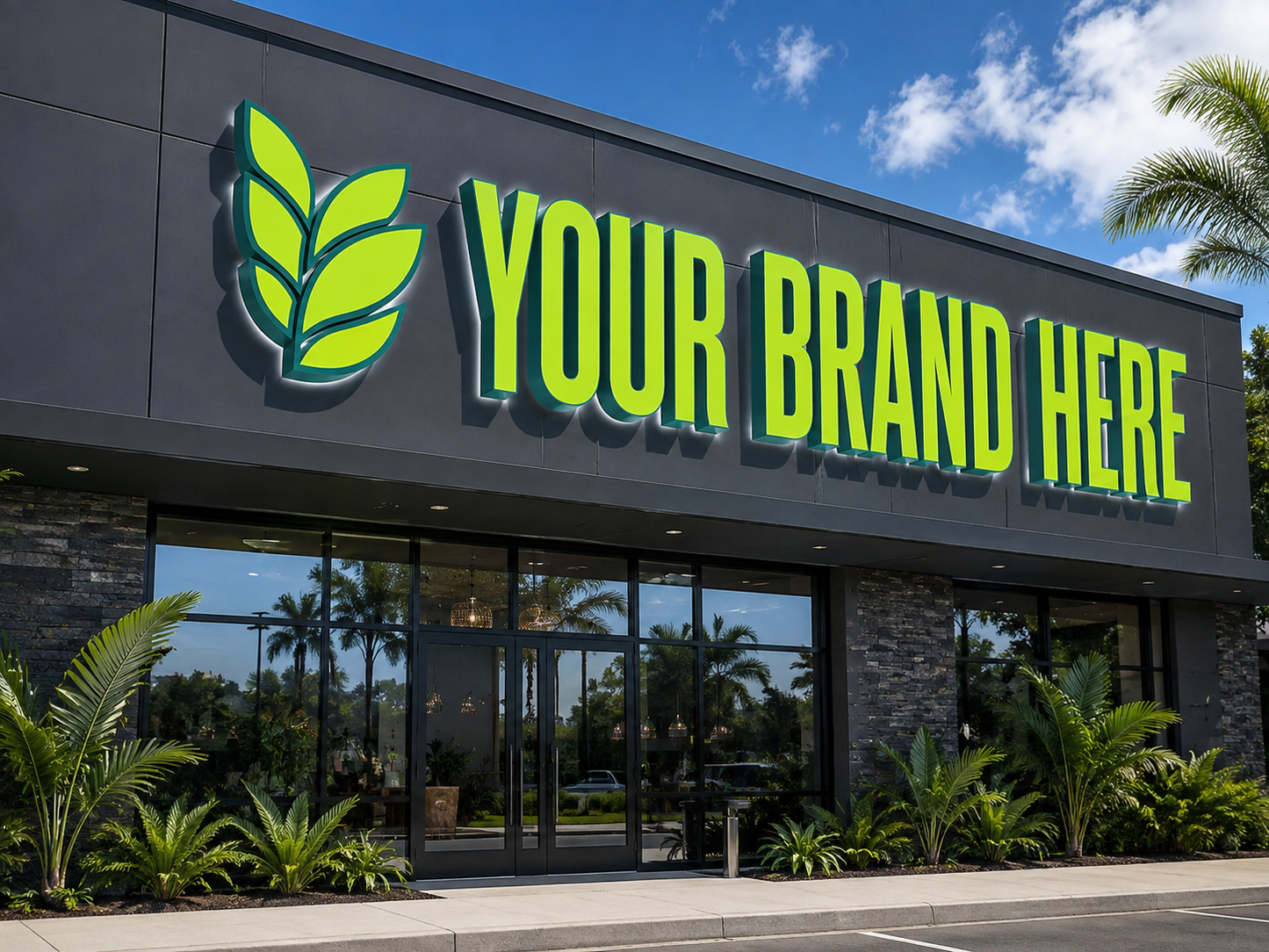 Conceptual Tropical Lime rendering of custom storefront channel letters displaying YOUR BRAND HERE.