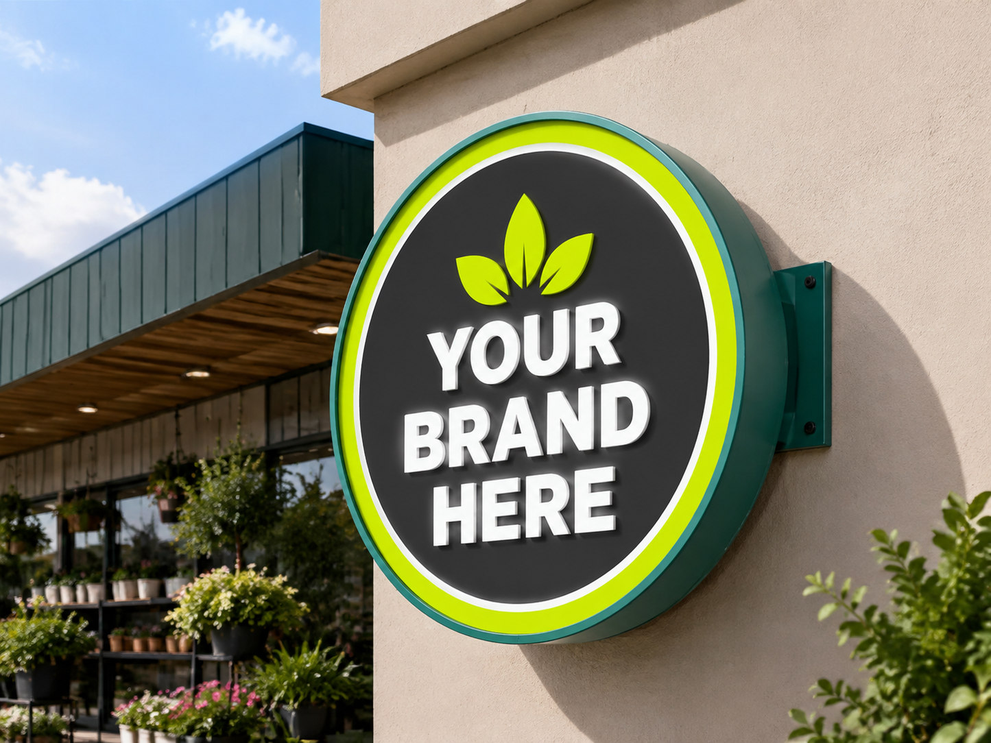 Conceptual Tropical Lime rendering of round exterior logo cabinet sign displaying YOUR BRAND HERE.