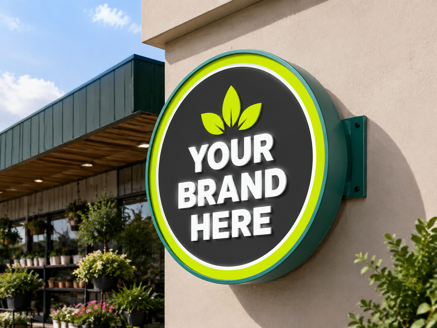 Conceptual Tropical Lime rendering of round exterior logo cabinet sign displaying YOUR BRAND HERE.