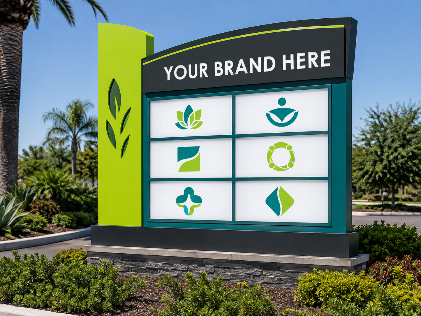 Conceptual Tropical Lime rendering of illuminated multi-tenant monument sign displaying YOUR BRAND HERE.