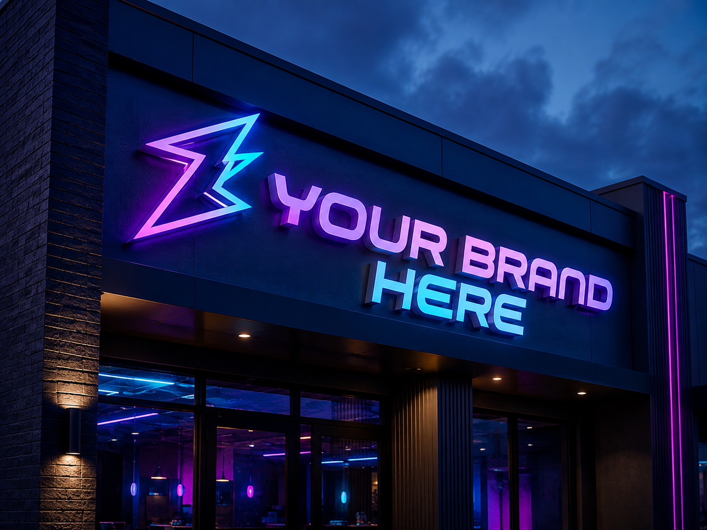 Conceptual Electric Neon rendering of custom storefront channel letters displaying YOUR BRAND HERE.