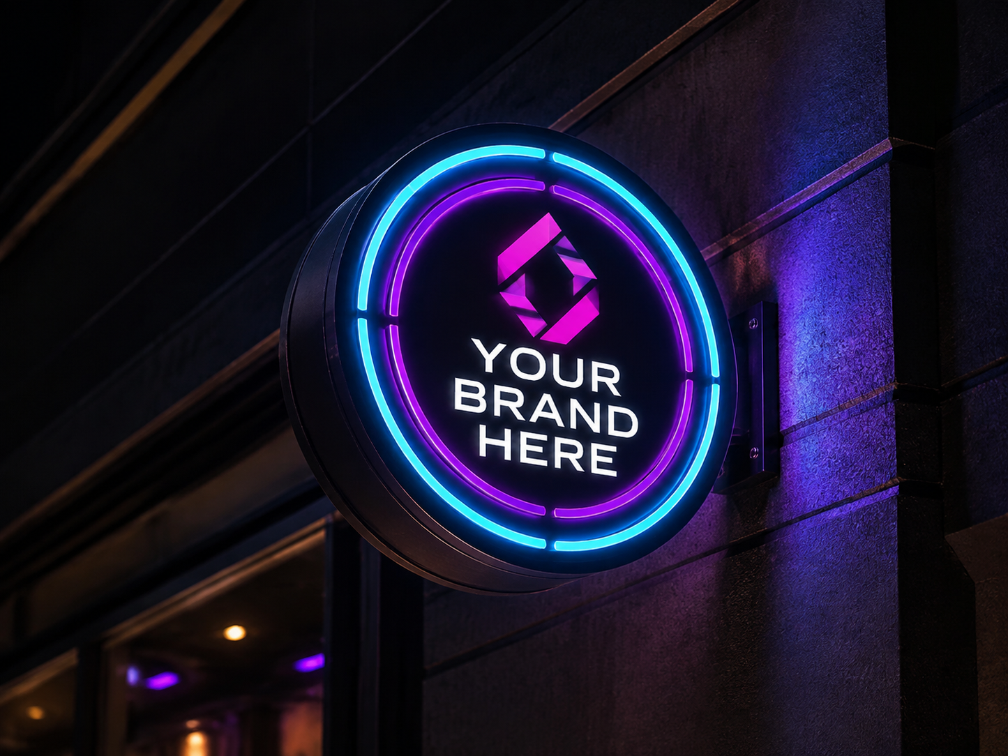 Conceptual Electric Neon rendering of round exterior logo cabinet sign displaying YOUR BRAND HERE.