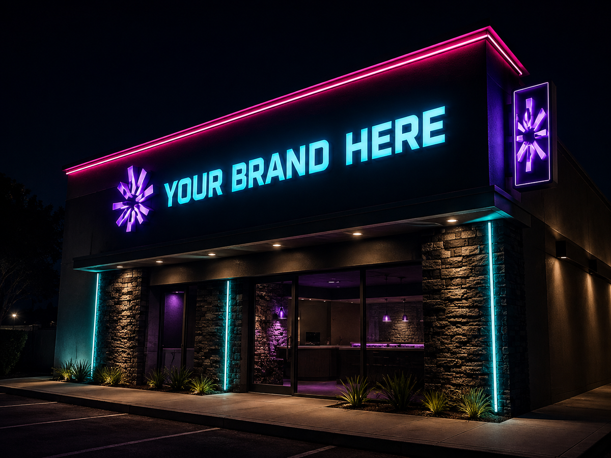 Conceptual Electric Neon rendering of custom illuminated storefront sign package displaying YOUR BRAND HERE.