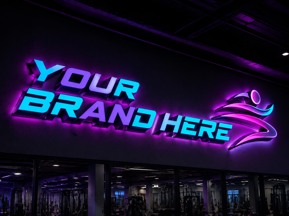 Conceptual Electric Neon rendering of halo-lit channel letters and logo displaying YOUR BRAND HERE.