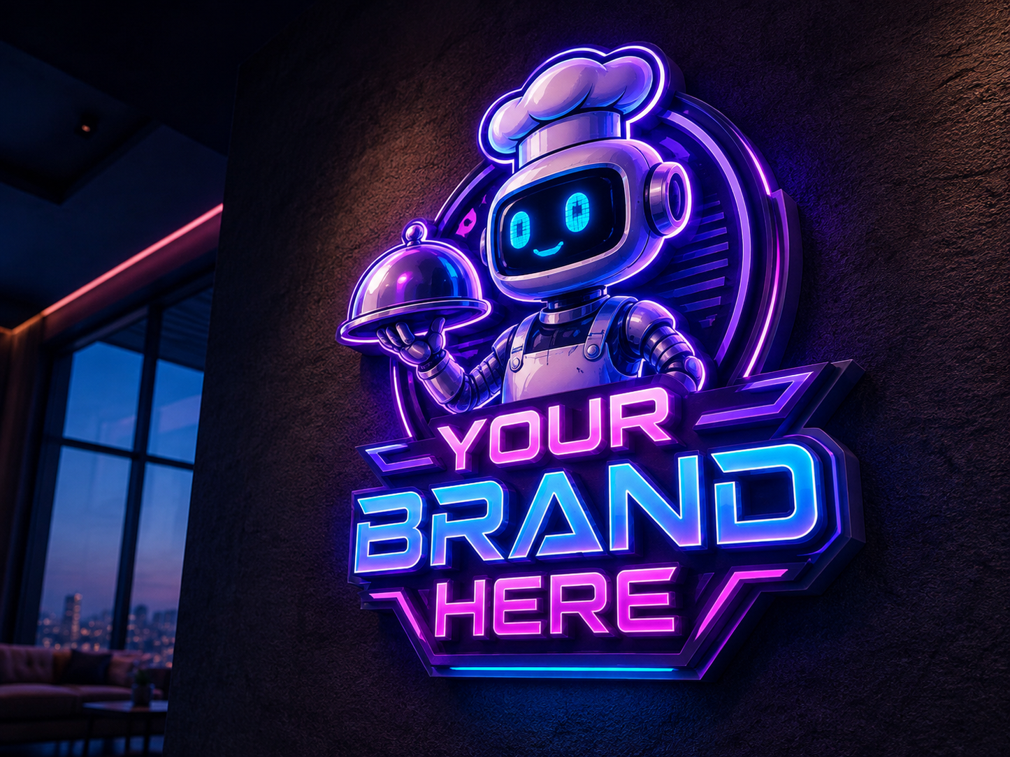 Conceptual Electric Neon rendering of illuminated custom logo sign displaying YOUR BRAND HERE.