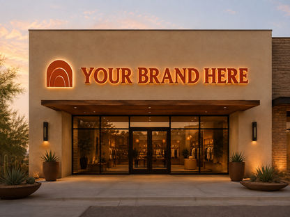 Conceptual Desert Modern rendering of custom storefront channel letters displaying YOUR BRAND HERE.