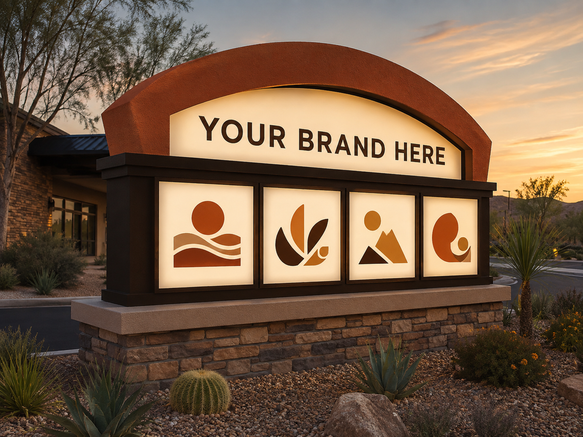 Conceptual Desert Modern rendering of illuminated multi-tenant monument sign displaying YOUR BRAND HERE.