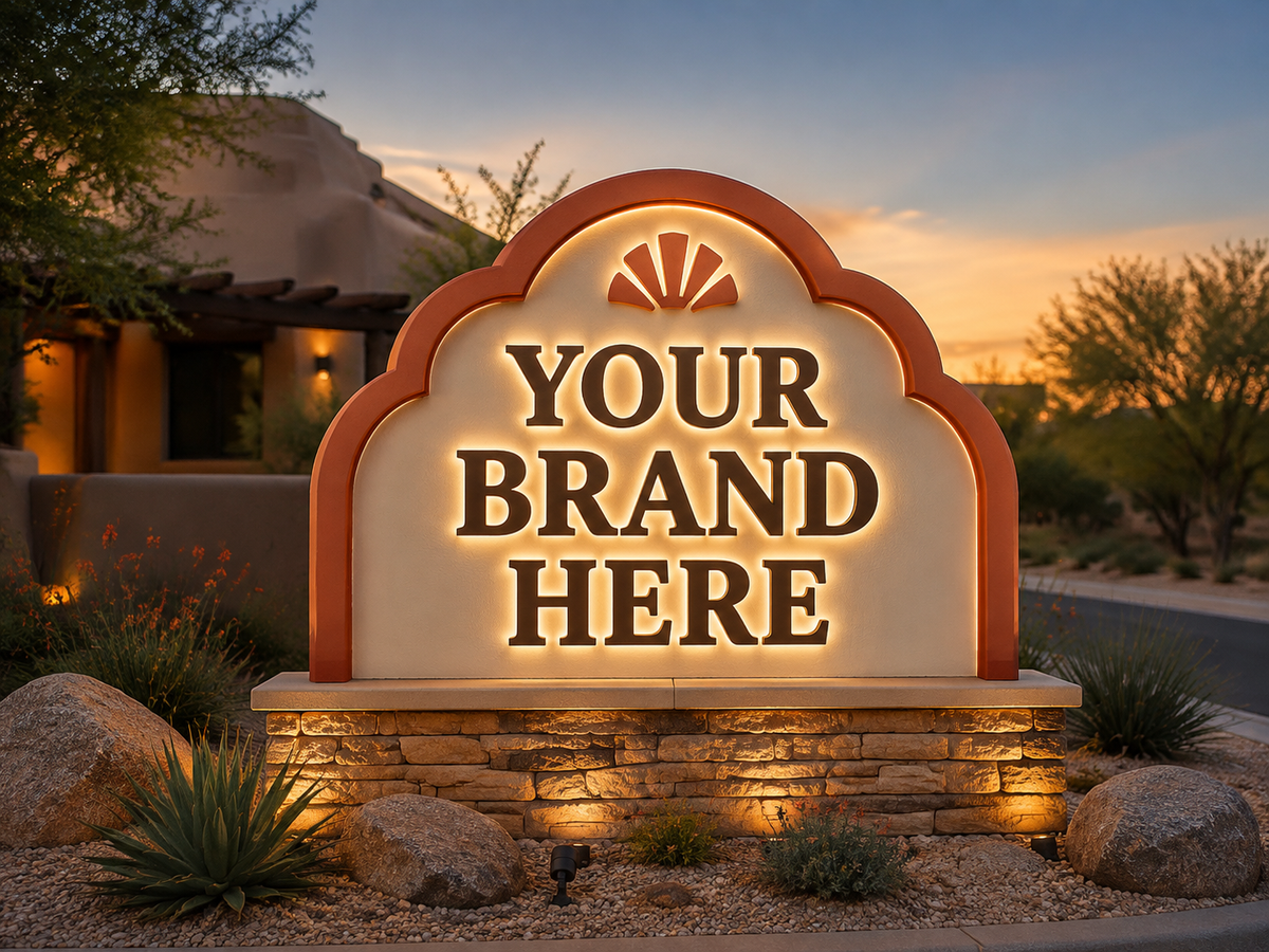 Conceptual Desert Modern rendering of custom-shaped monument sign displaying YOUR BRAND HERE.